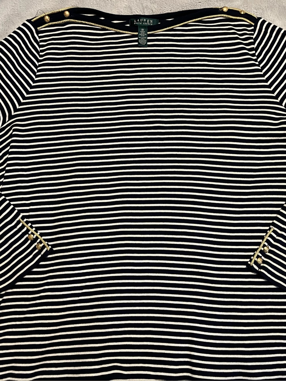 Lauren Ralph Lauren Striped Button-Shoulder Top Black & Cream Small